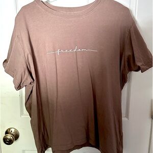 Brown Writing design T-shirt.